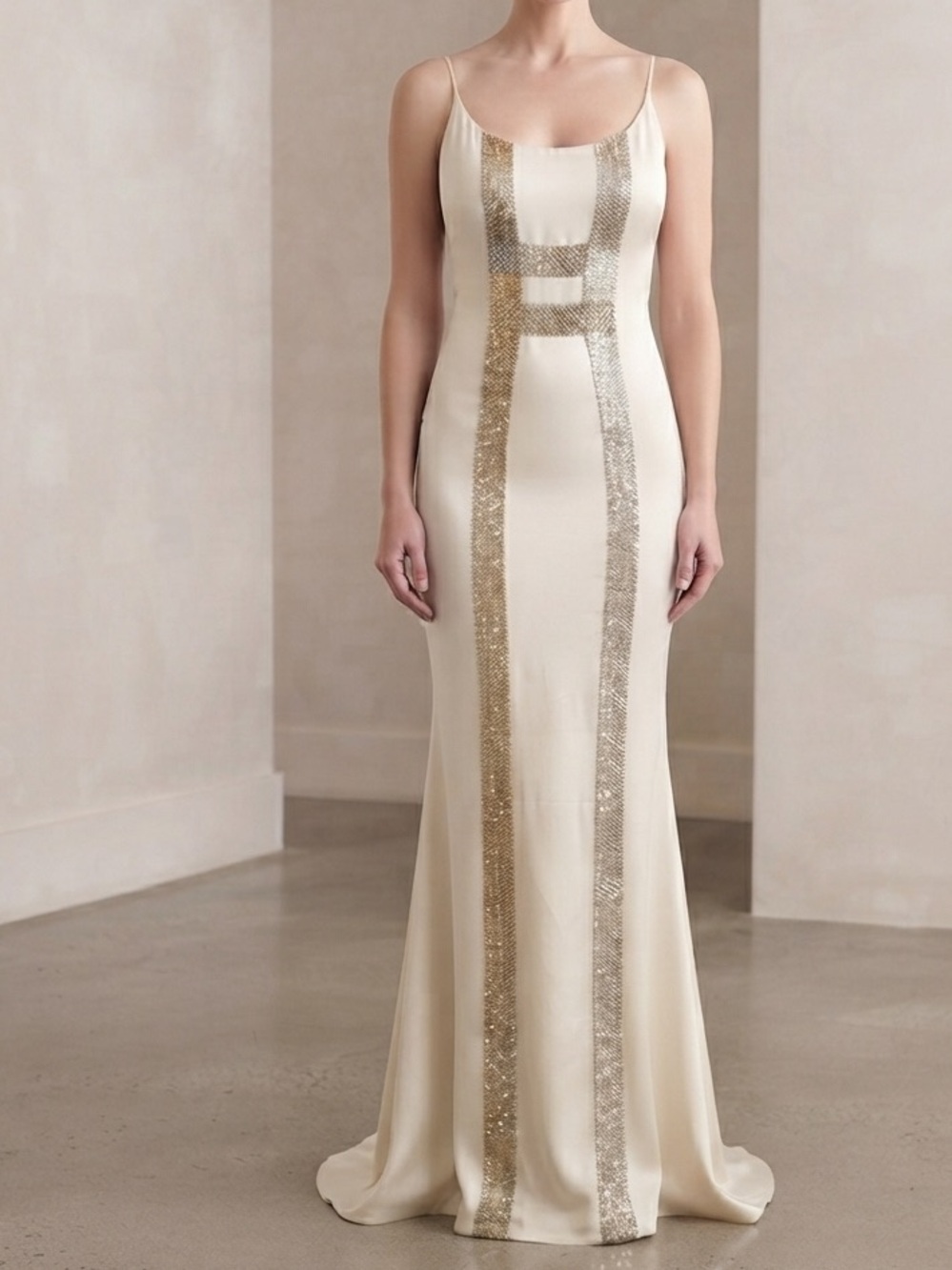 Donald Deal Ivory Silk Sequin Embellished Gown Custom Designer Evening Dress
